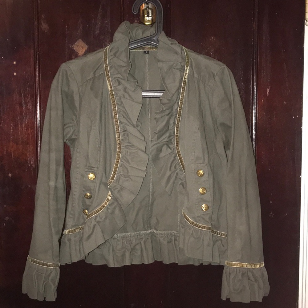 Khaki green military inspired ruffled blazer